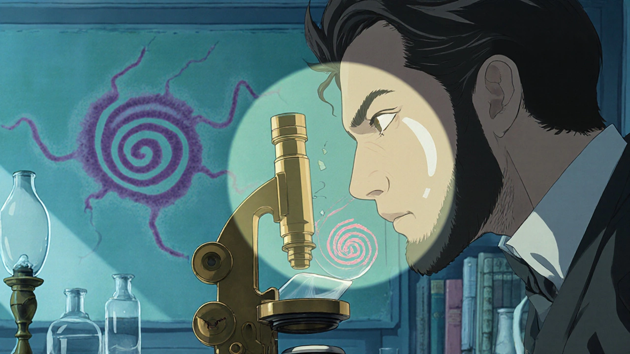 19th‑century lab where a scientist examines a slide of the syphilis bacterium.