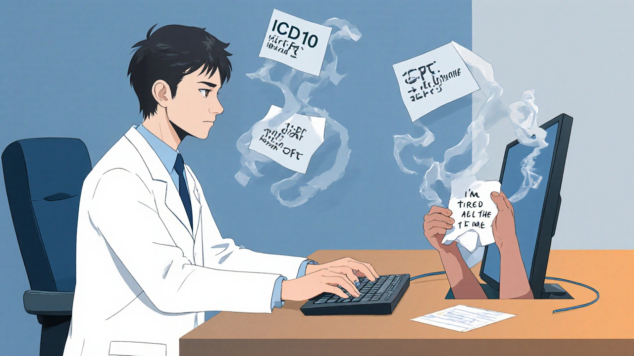 A doctor types codes on a computer while a patient's handwritten note reaches up from below the desk.