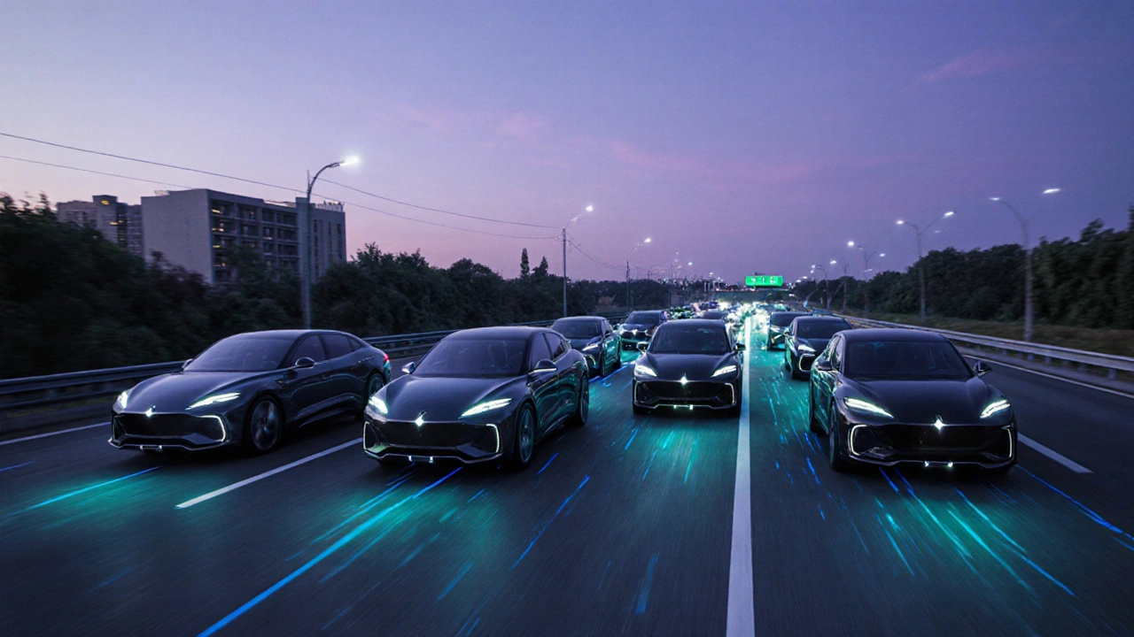 Aerial view of autonomous cars platooning in a dedicated lane on a highway.