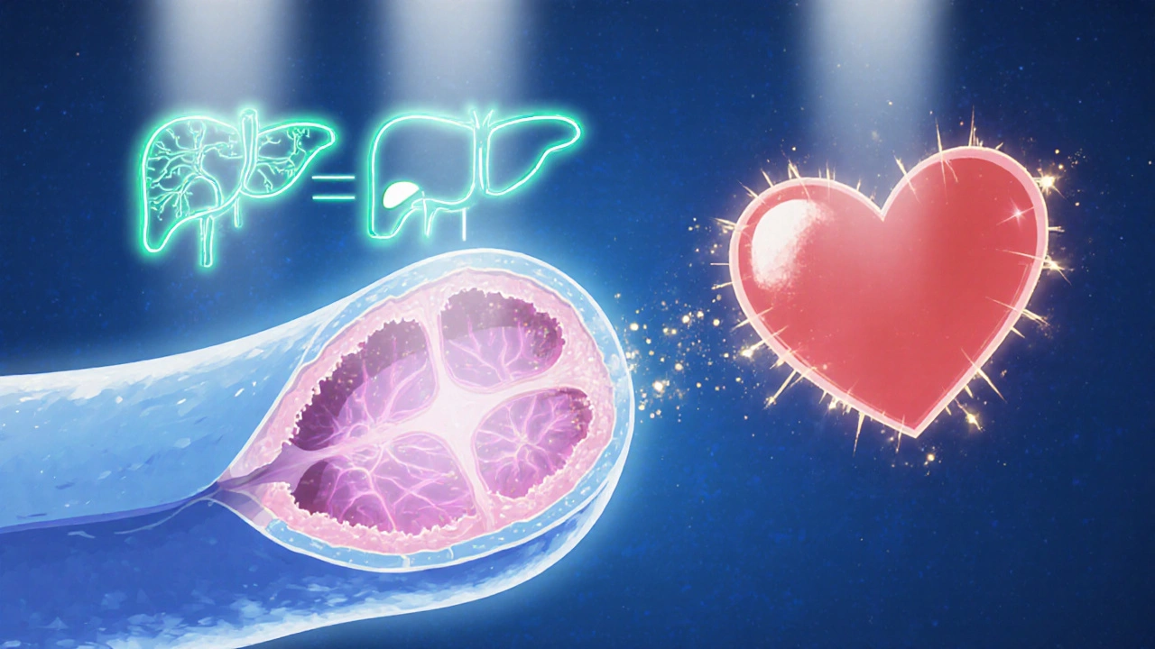 Animated cross‑section of an artery showing dilation and drug activation in the liver.