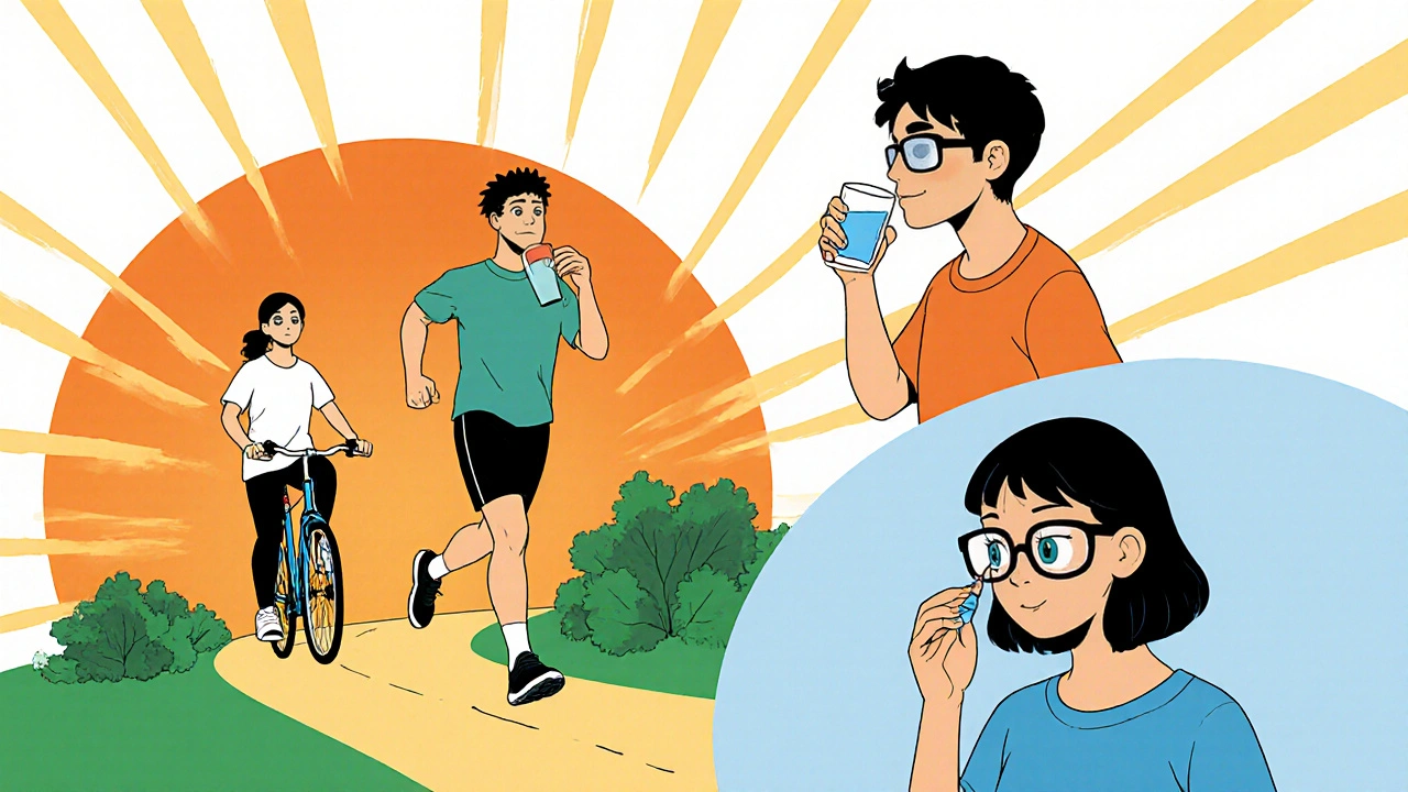 Anime characters exercising, drinking water, wearing safety glasses, and using eye drops.