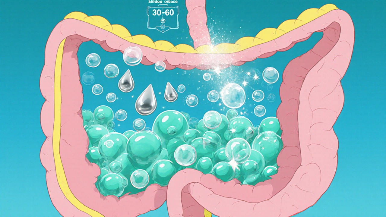 Anime cross‑section of intestines showing simethicone droplets merging gas bubbles.