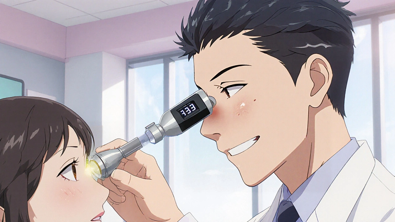 Anime optometrist measuring eye pressure with a Goldmann tonometer.