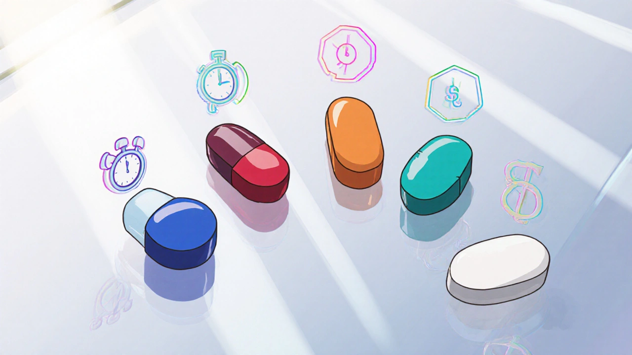 Assortment of colored ED tablets with icons for speed, duration, and cost hovering above.