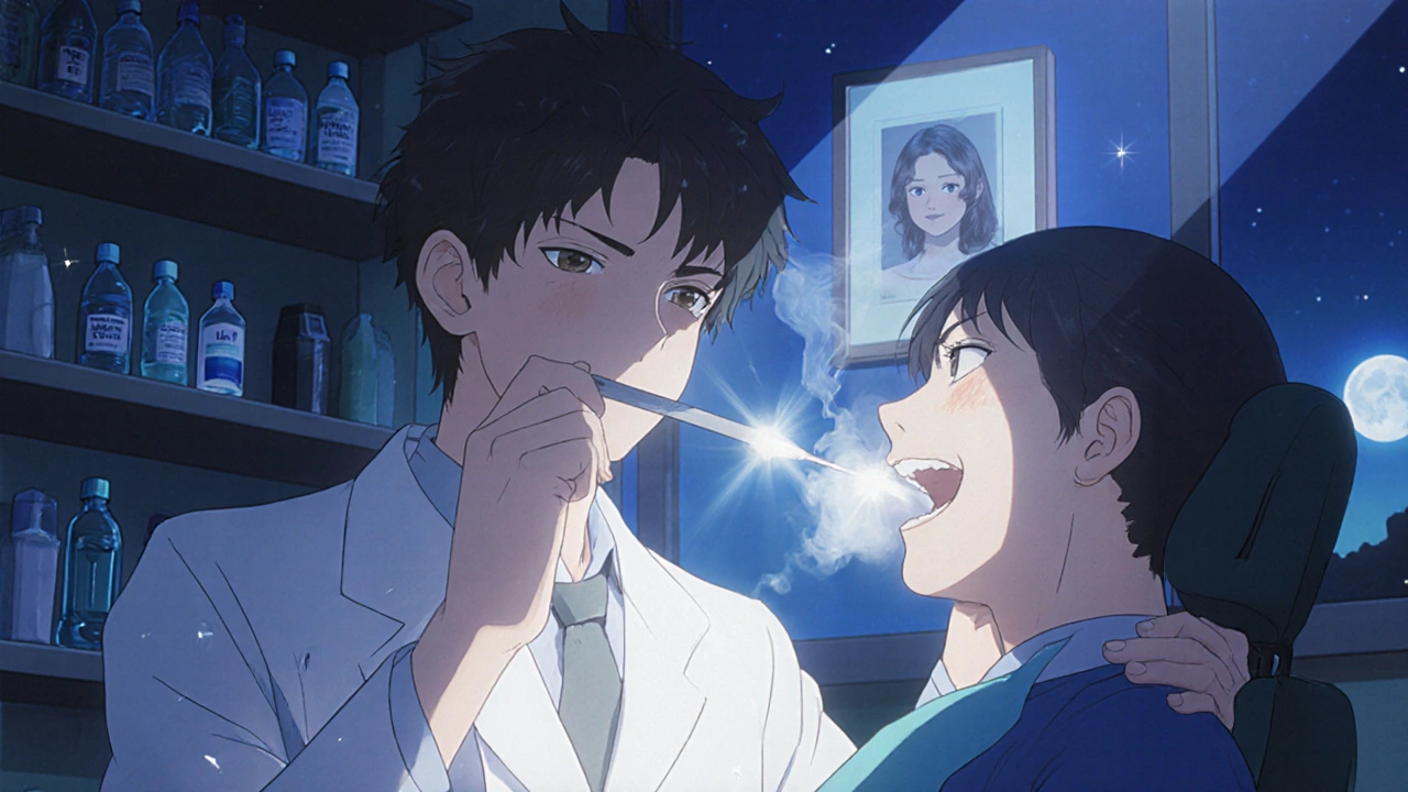 Dentist applying fluoride varnish at night, patient chewing xylitol gum with steam.