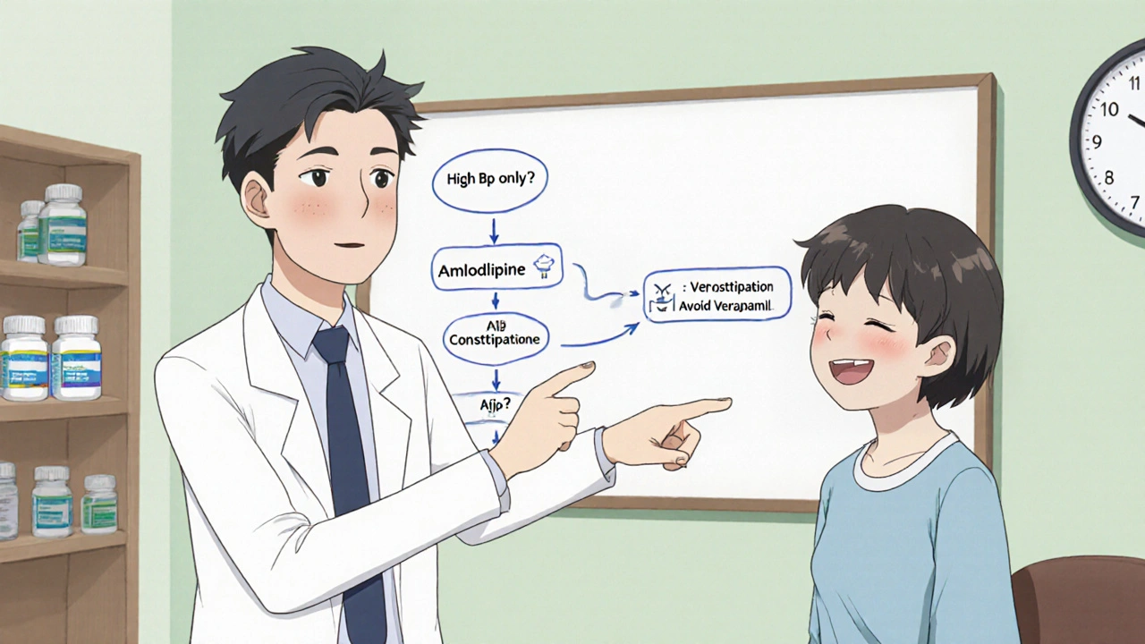 Doctor and patient reviewing a decision flowchart for choosing blood pressure medications.