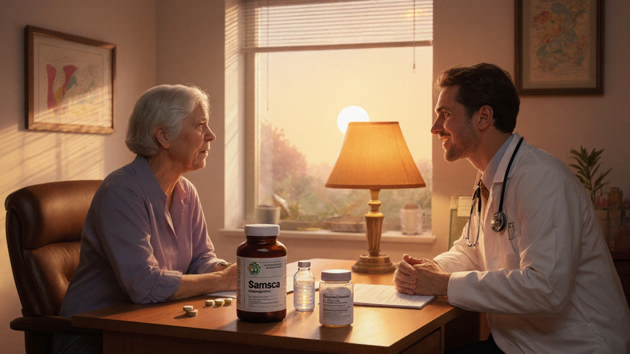 Doctor and patient reviewing medication bottles (Samsca, saline, urea) in a warm office.