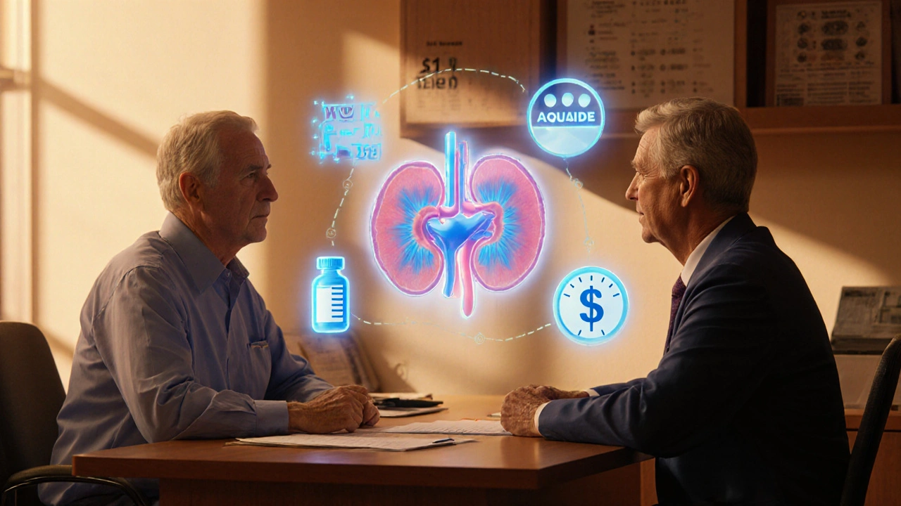 Doctor and patient viewing a holographic kidney and blood‑pressure gauge with medication icons.