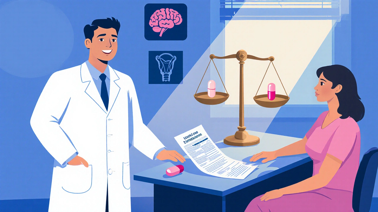 Doctor and patient with estriol pill, progesterone capsule, and health icons on a scale.