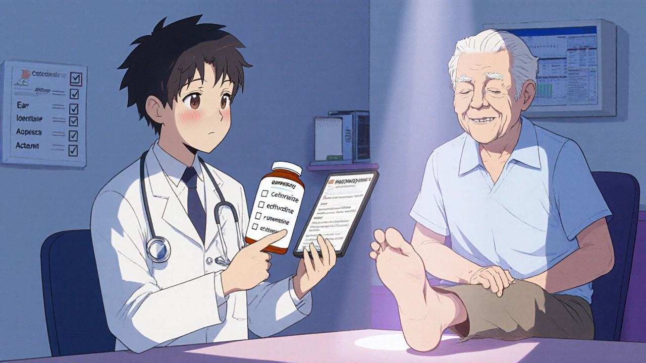 Doctor and senior patient review a medication checklist, swapping to a safer antihistamine.