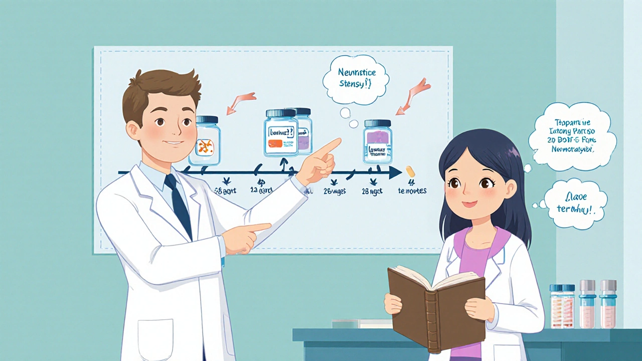 Doctor showing a taper‑and‑start timeline with patient holding a seizure diary.