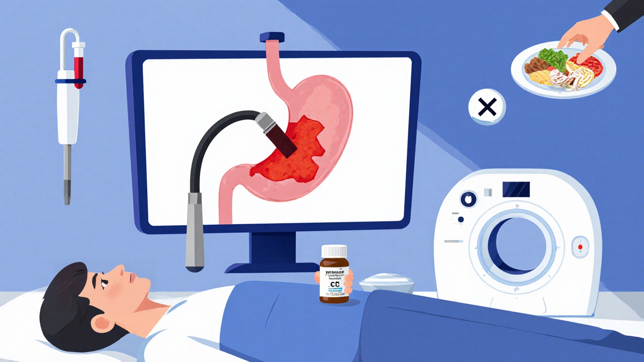 Endoscopic view of ulcer with medical devices, medication bottle, and healthy lifestyle icons.