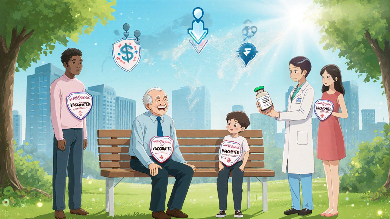 Family members with vaccinated badges in a park, showing reduced hospital impact.
