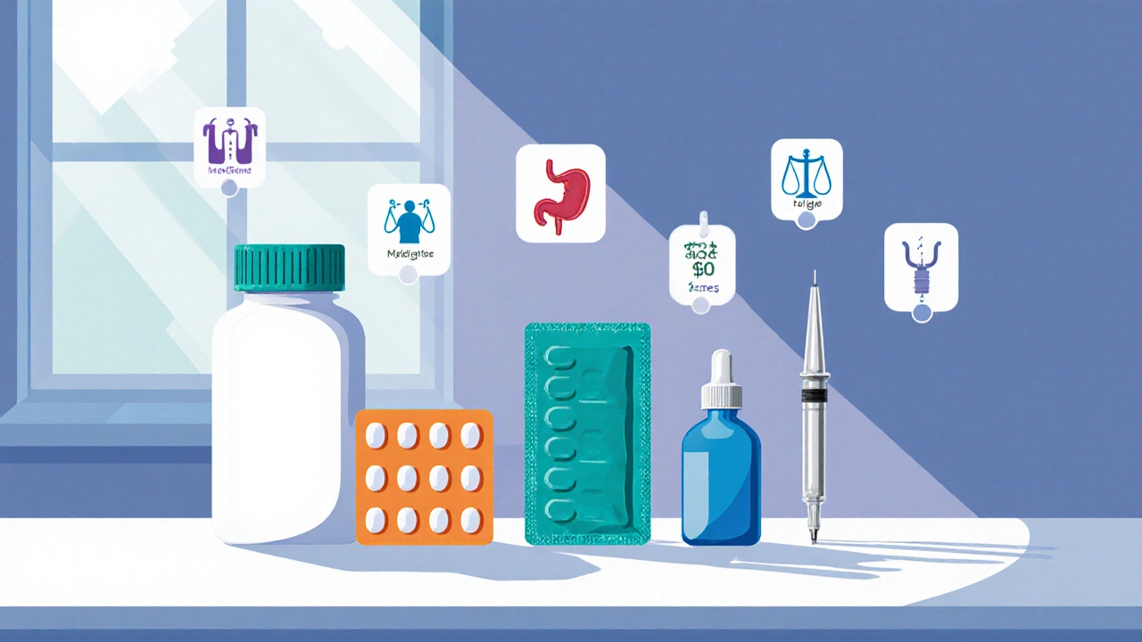 Flat illustration of various diabetes medication bottles with icons for side effects and cost.