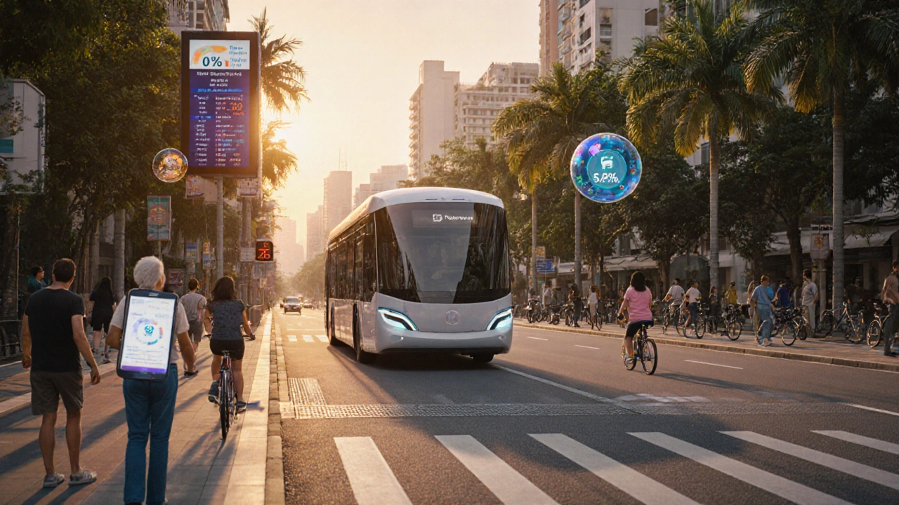 Future Singapore corridor with an autonomous shuttle, sensors, and pedestrians.