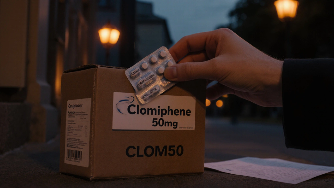 Hand opens a delivery box revealing a blister pack of clomiphene tablets at dusk.