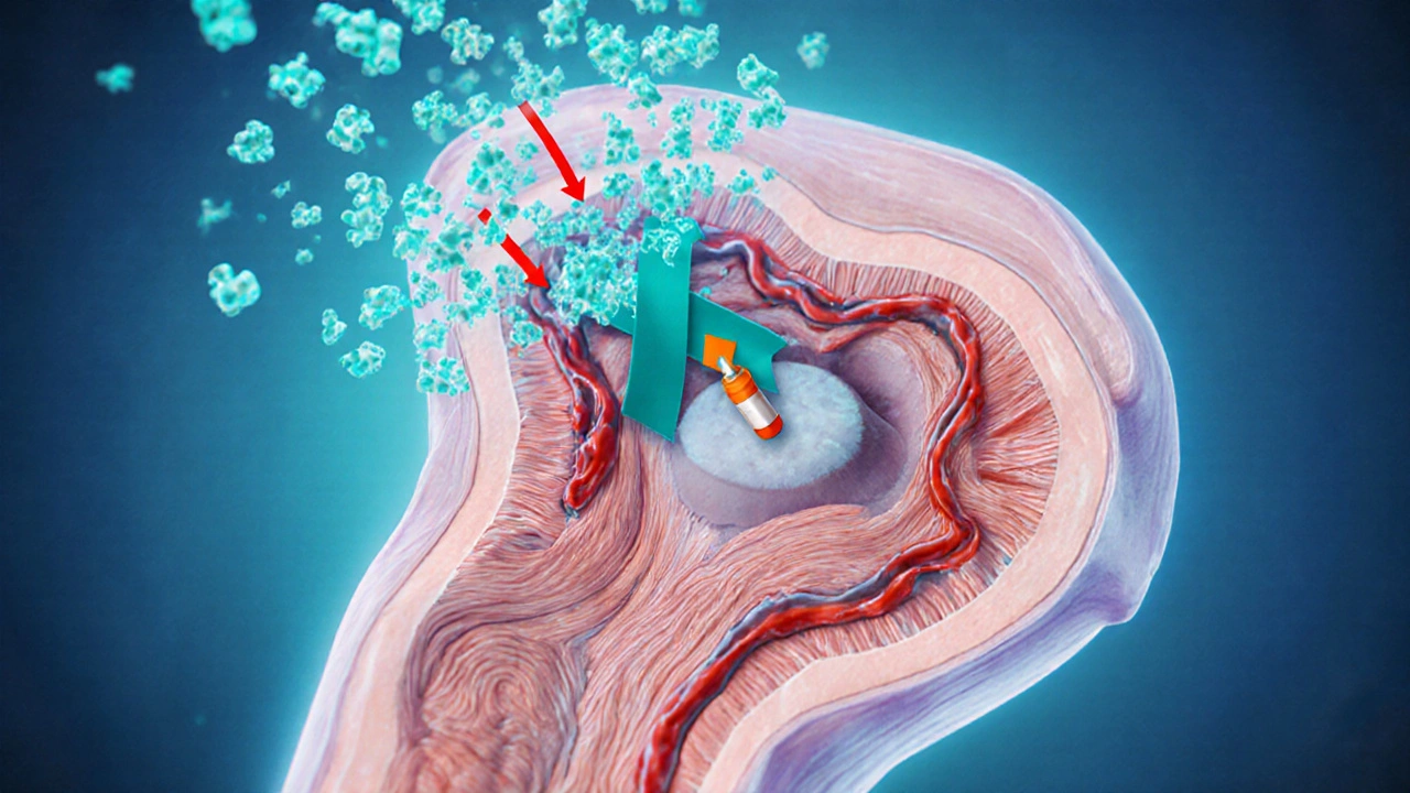 Illustration of penile tissue showing vardenafil blocking PDE5, increasing blood flow and cGMP.