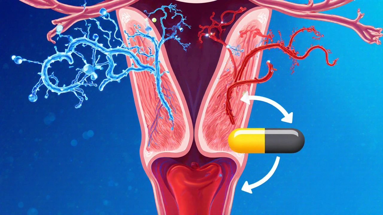 Illustration of sildenafil blocking PDE5, showing nitric oxide, cGMP, and blood flow in the penis.
