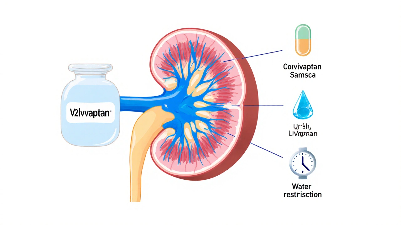 Kidney duct cross‑section showing tolvaptan blocking V2 receptors and icons of other treatments.