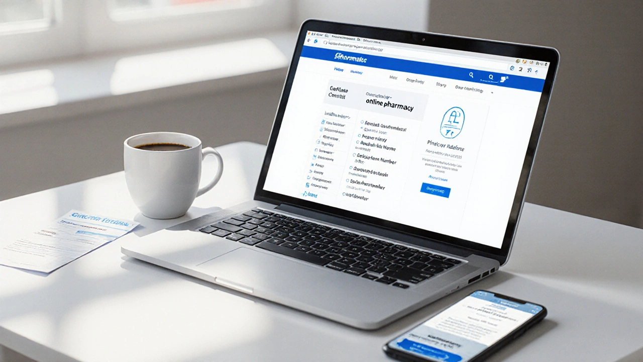 Laptop screen shows a secure pharmacy website with a checklist and prescription upload.