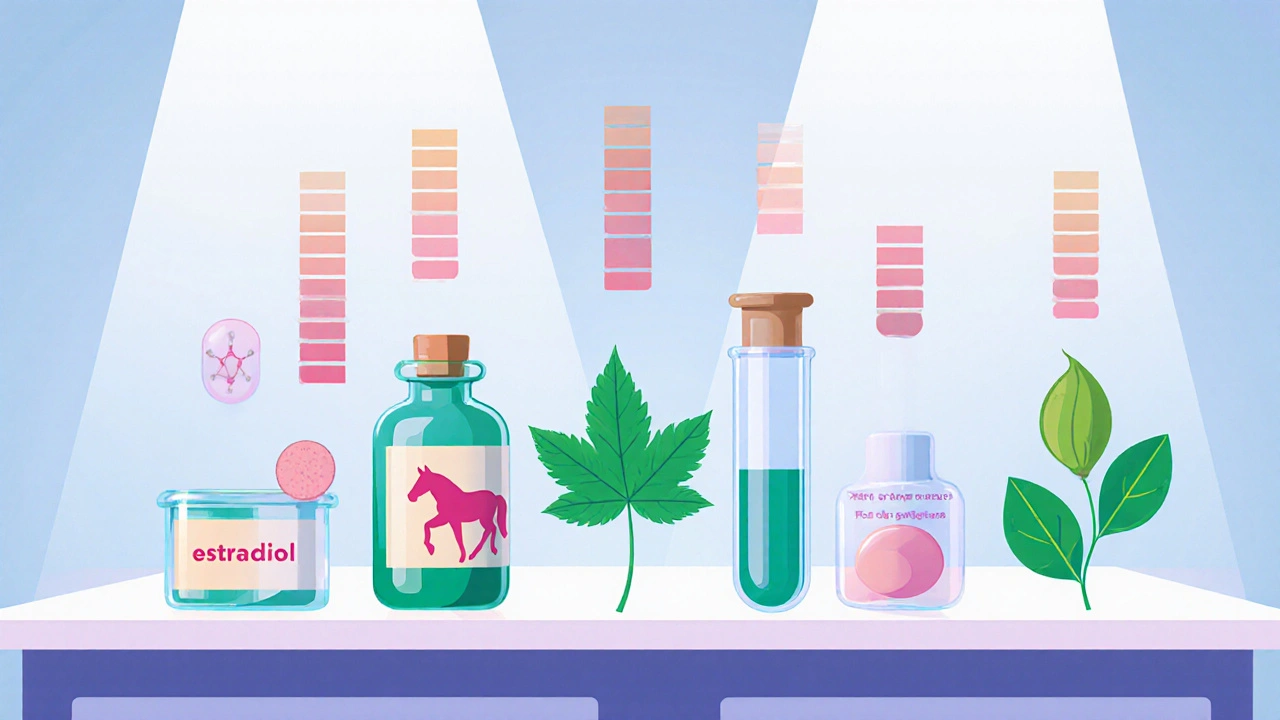 Lineup of various estrogen therapy forms on a lab bench with potency bars.