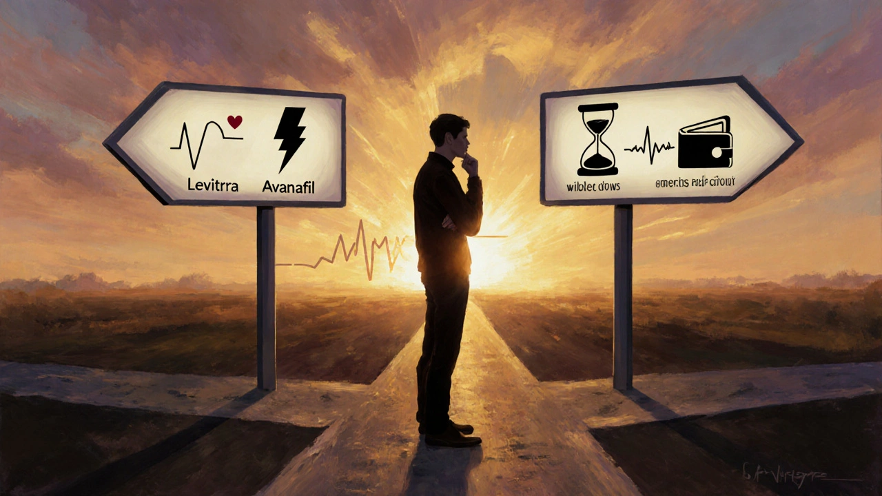 Man at a dusk crossroads with signs for fast onset, long duration, and low cost options.