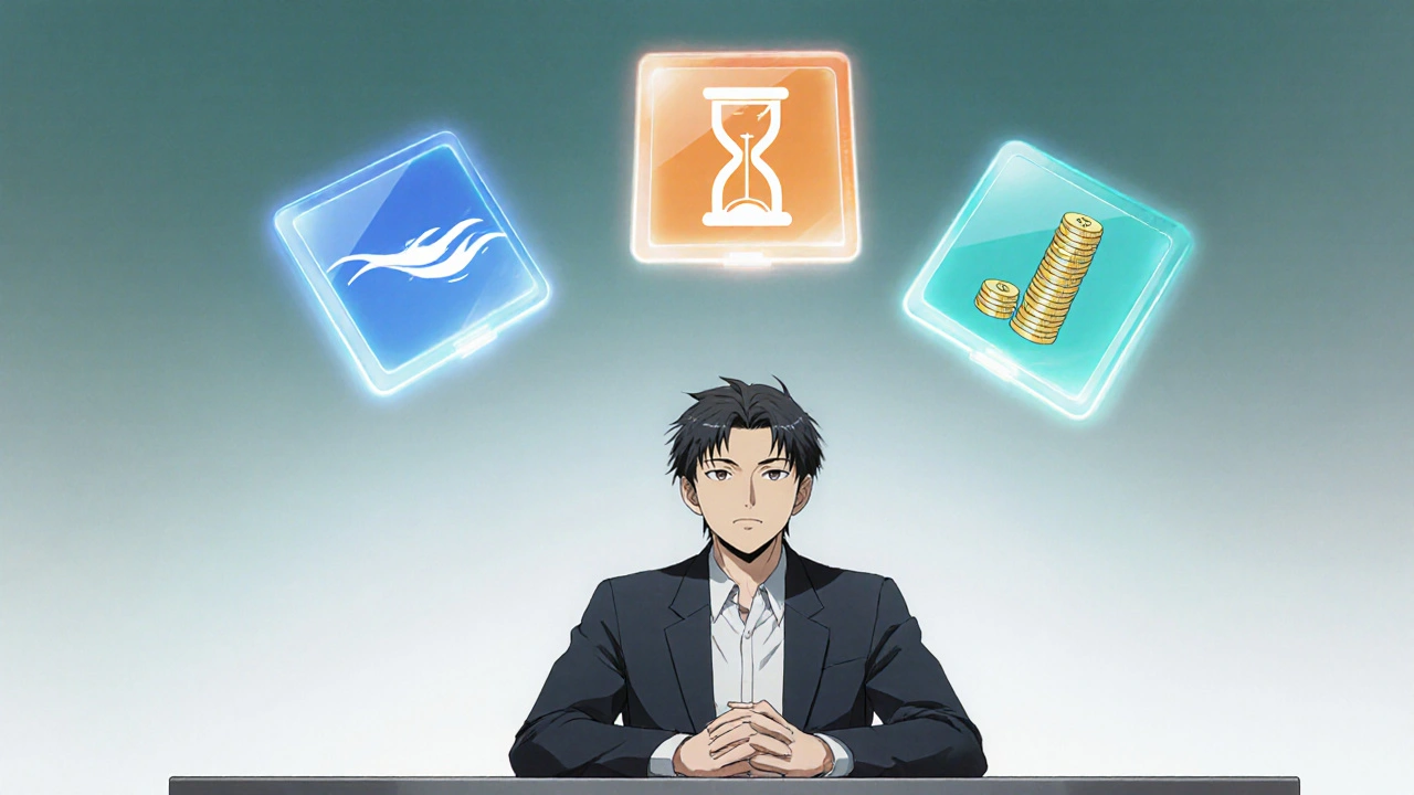 Man at desk looking at three holographic panels showing speed, duration, and cost.