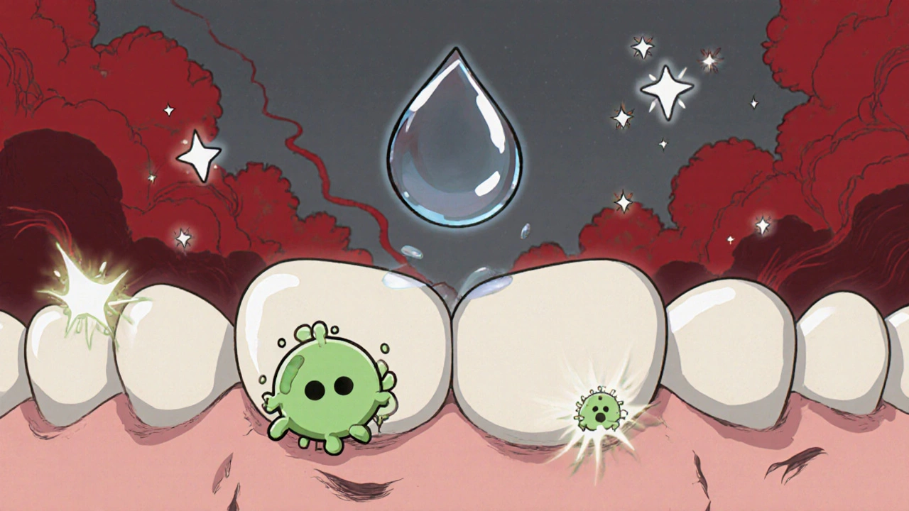 Microscopic view of bacteria on weakened enamel with fluoride ions protecting teeth.