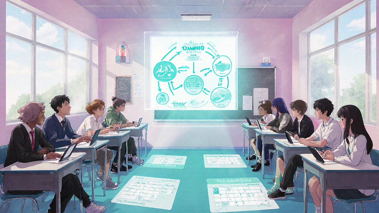 Modern inclusive classroom with holographic diagram of syphilis and engaged students.