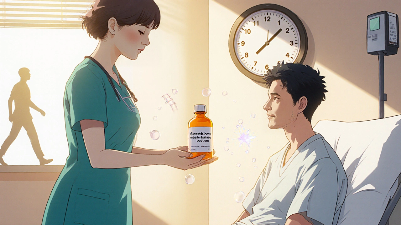 Nurse giving simethicone to a smiling patient; bright recovery corridor in anime style.