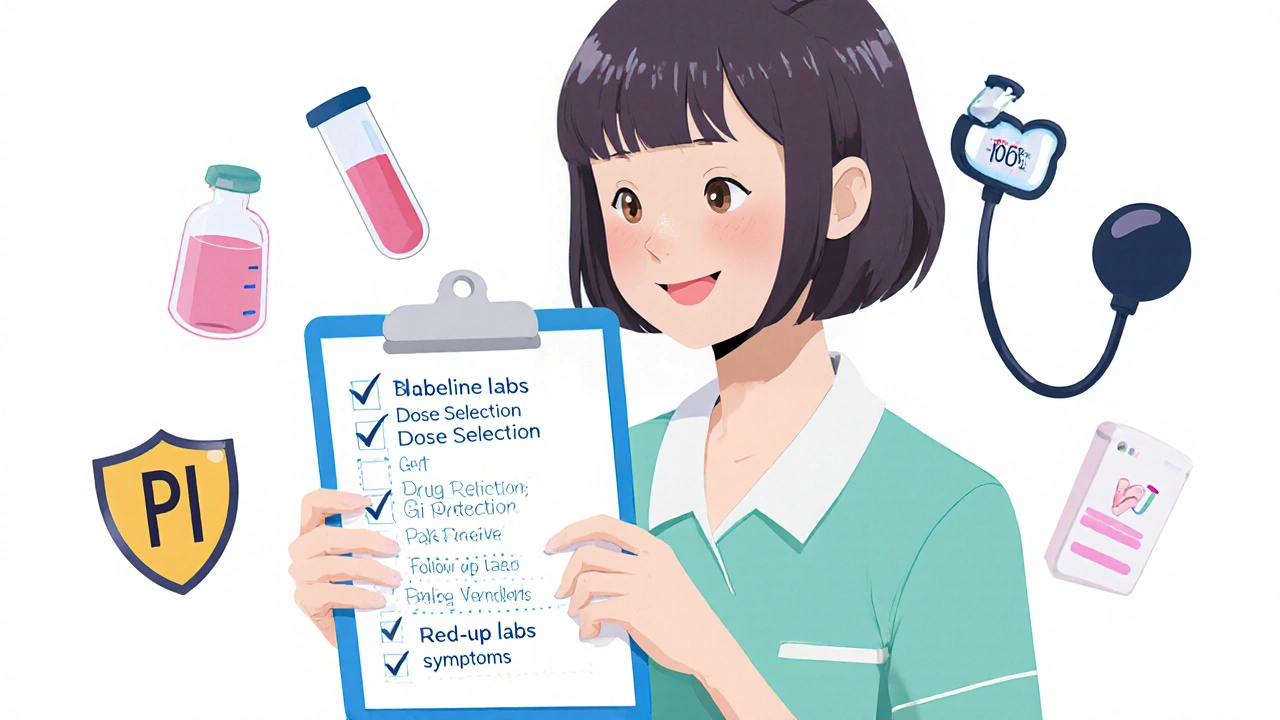 Nurse holding checklist clipboard with lab, pill, shield, and blood pressure icons.