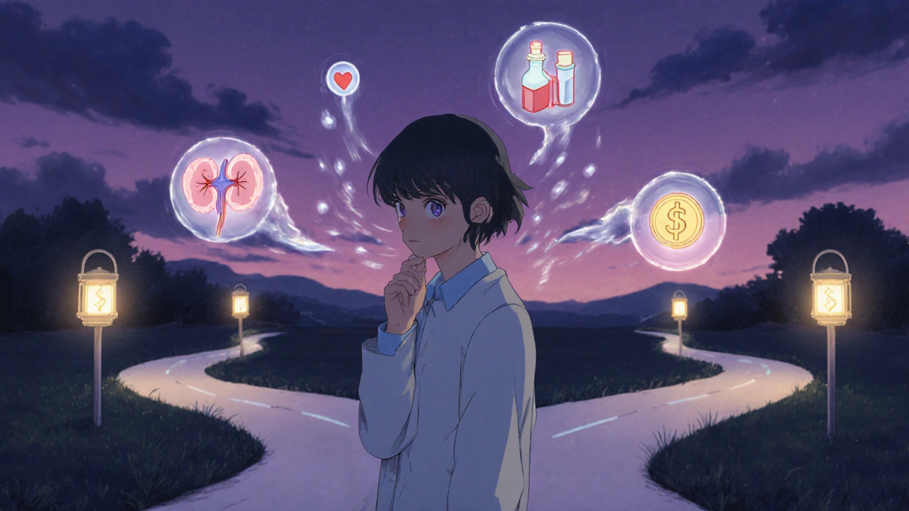 Patient at a twilight crossroads choosing between kidney, heart, and cost pathways.