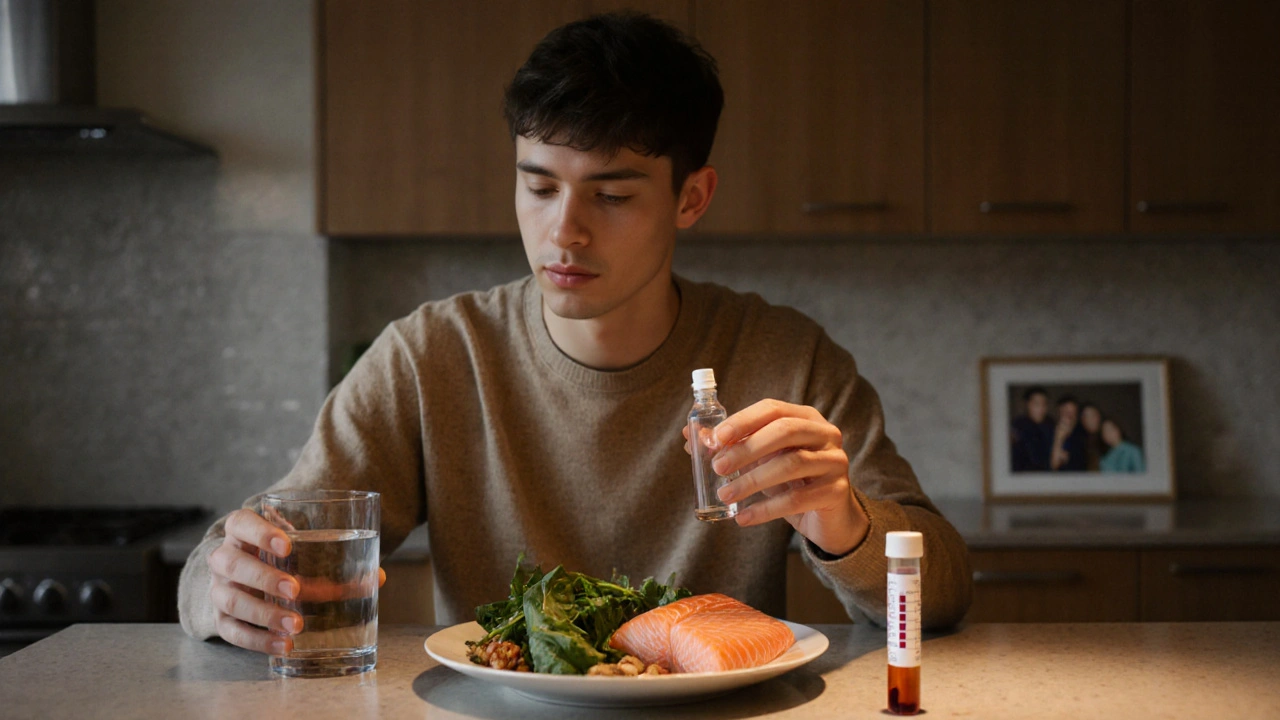 Person considers a pill bottle beside healthy meal and blood test tube.
