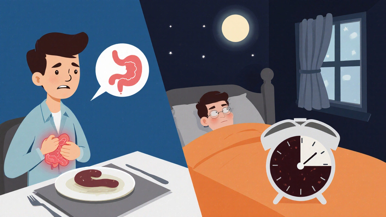 Person feeling abdominal pain, nighttime sleep disturbance, and dark stool indicating ulcer warning signs.