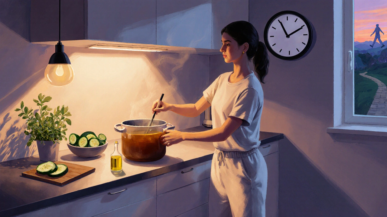 Person preparing bone broth after dinner, with soft evening lighting and a walking path visible.