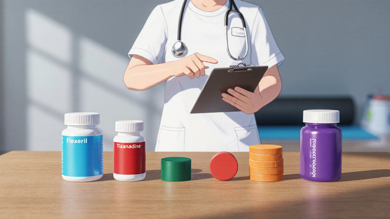 Row of colorful pills with a physiotherapist pointing, representing different muscle relaxants.