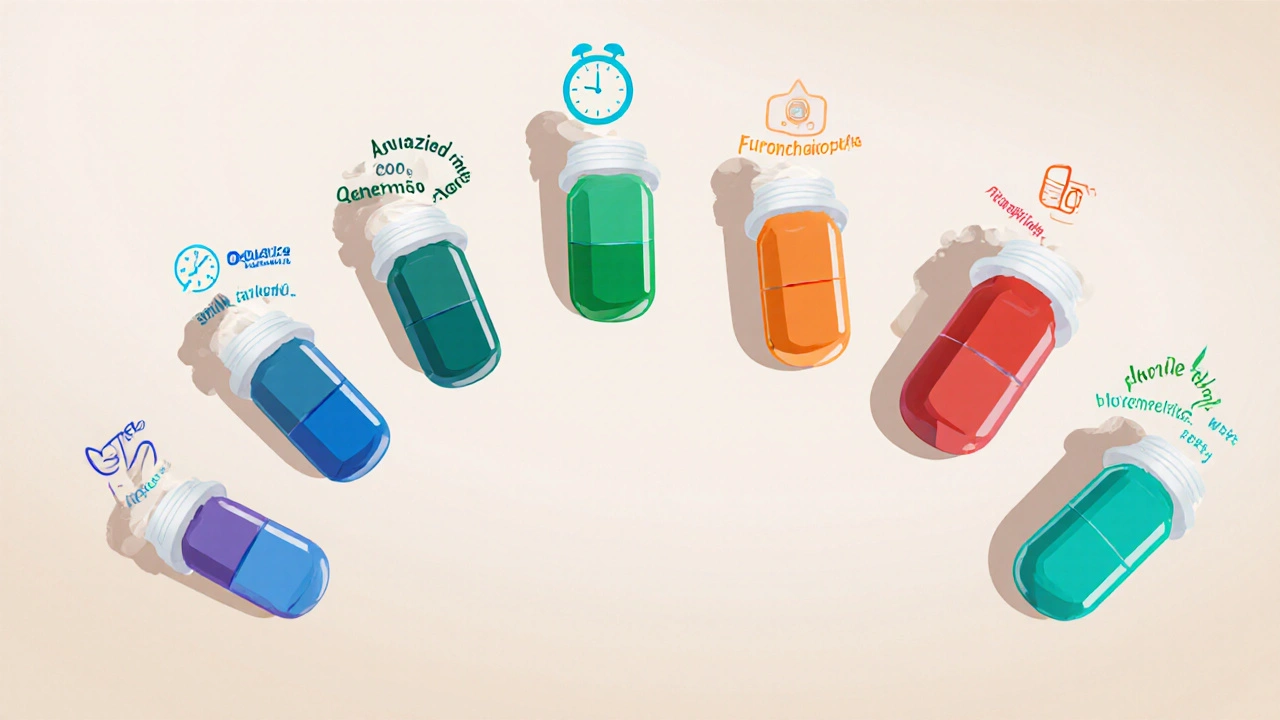Row of six diuretic pill bottles with icons for duration and electrolyte effect.
