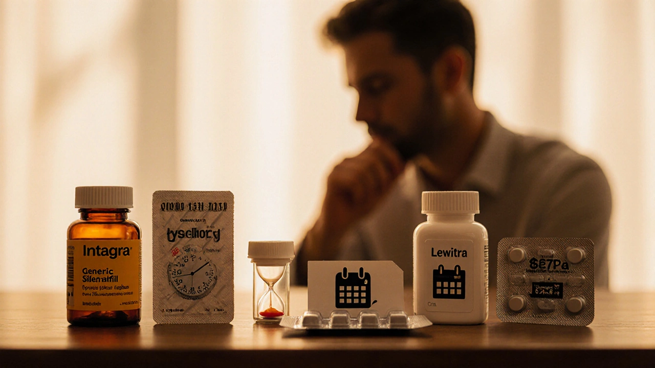 Selection of ED medication bottles on a table with visual cues for onset, duration, and cost.