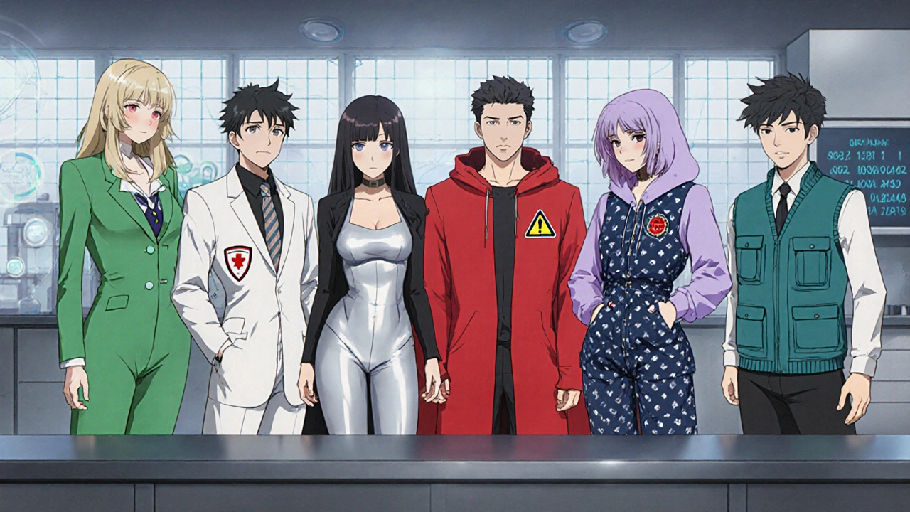 Six anime characters representing different anticonvulsants line up on a lab bench.