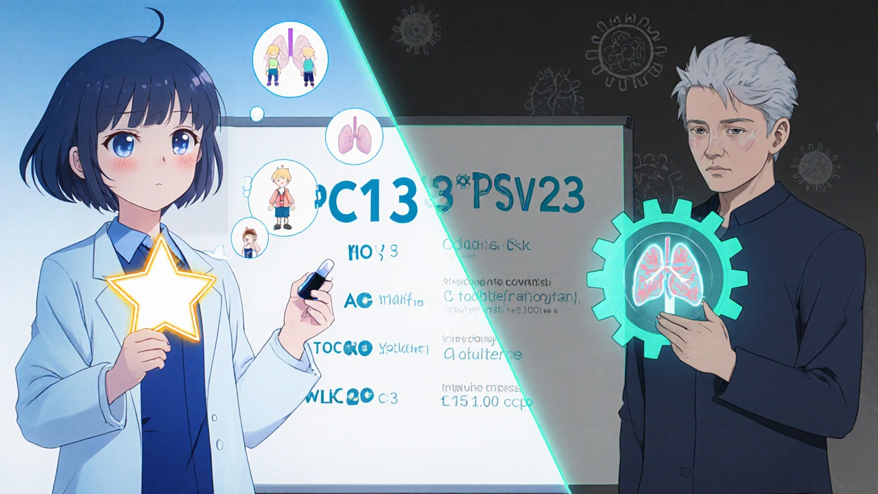 Split‑screen anime characters comparing PCV13 and PPSV23 vaccine features.