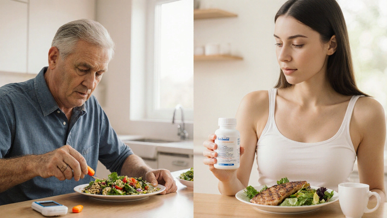 Split‑screen kitchen scene showing two patients using different diabetes treatments.