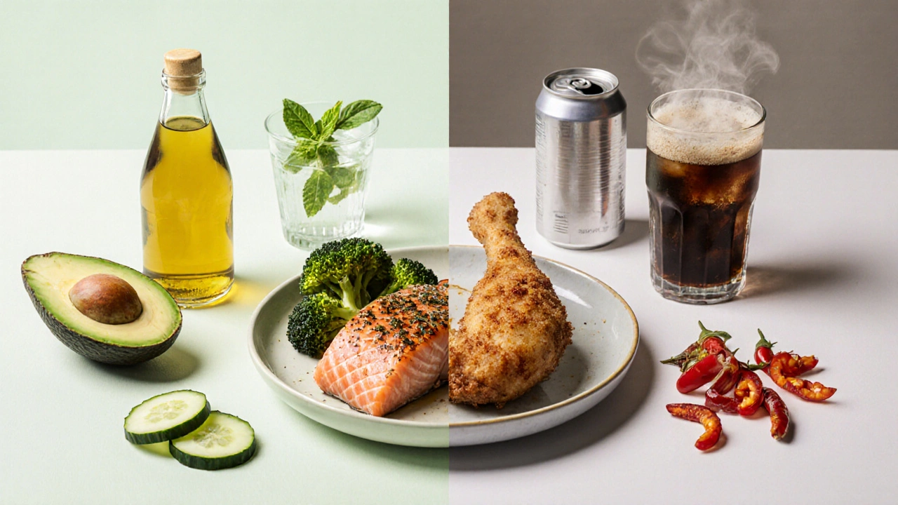Split view of keto‑friendly low‑acid foods versus reflux‑trigger foods.