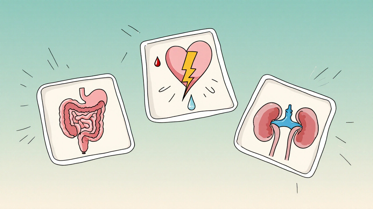 Three panels showing stomach bleed, heart risk, and kidney impairment as celecoxib safety concerns.