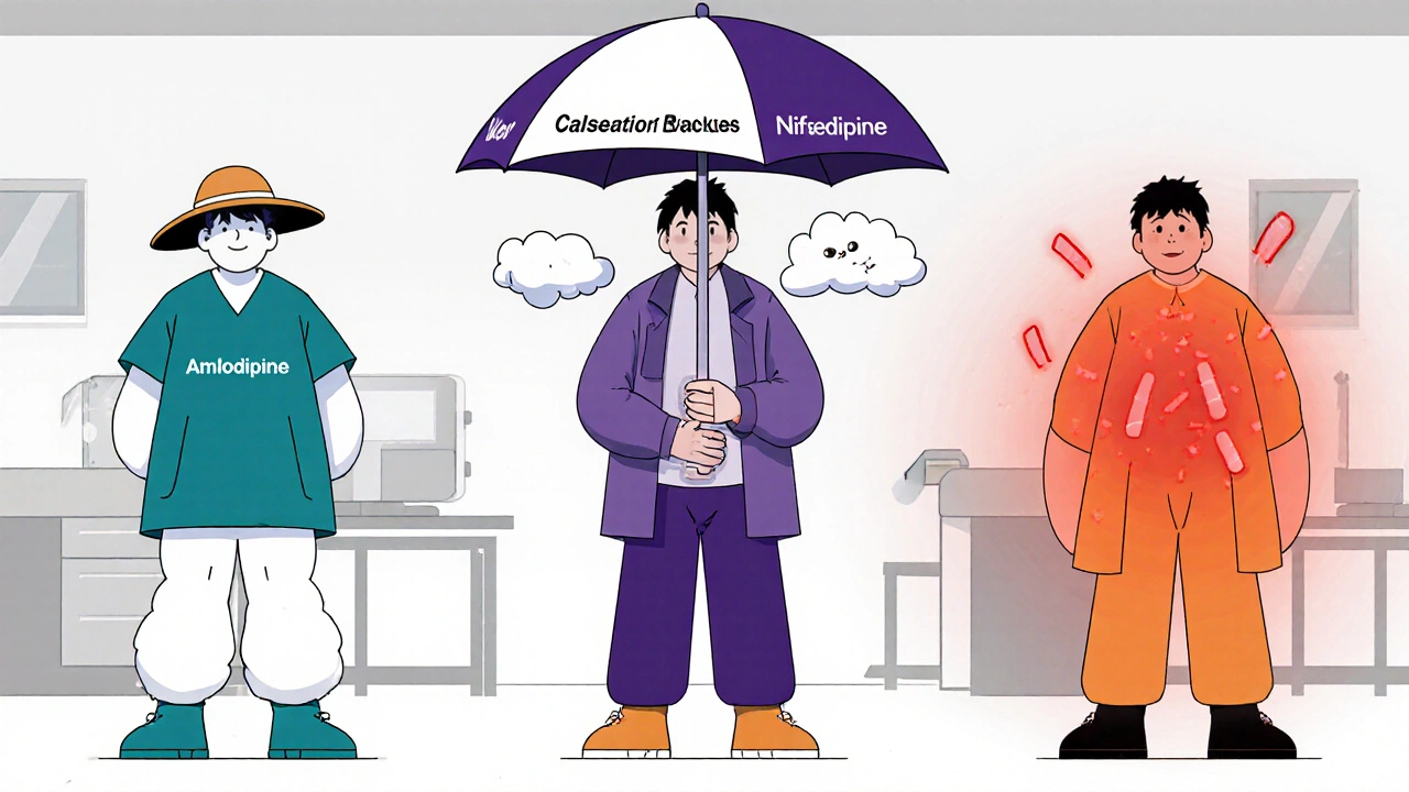 Three stylized characters representing calcium channel blockers with unique side effect visuals.