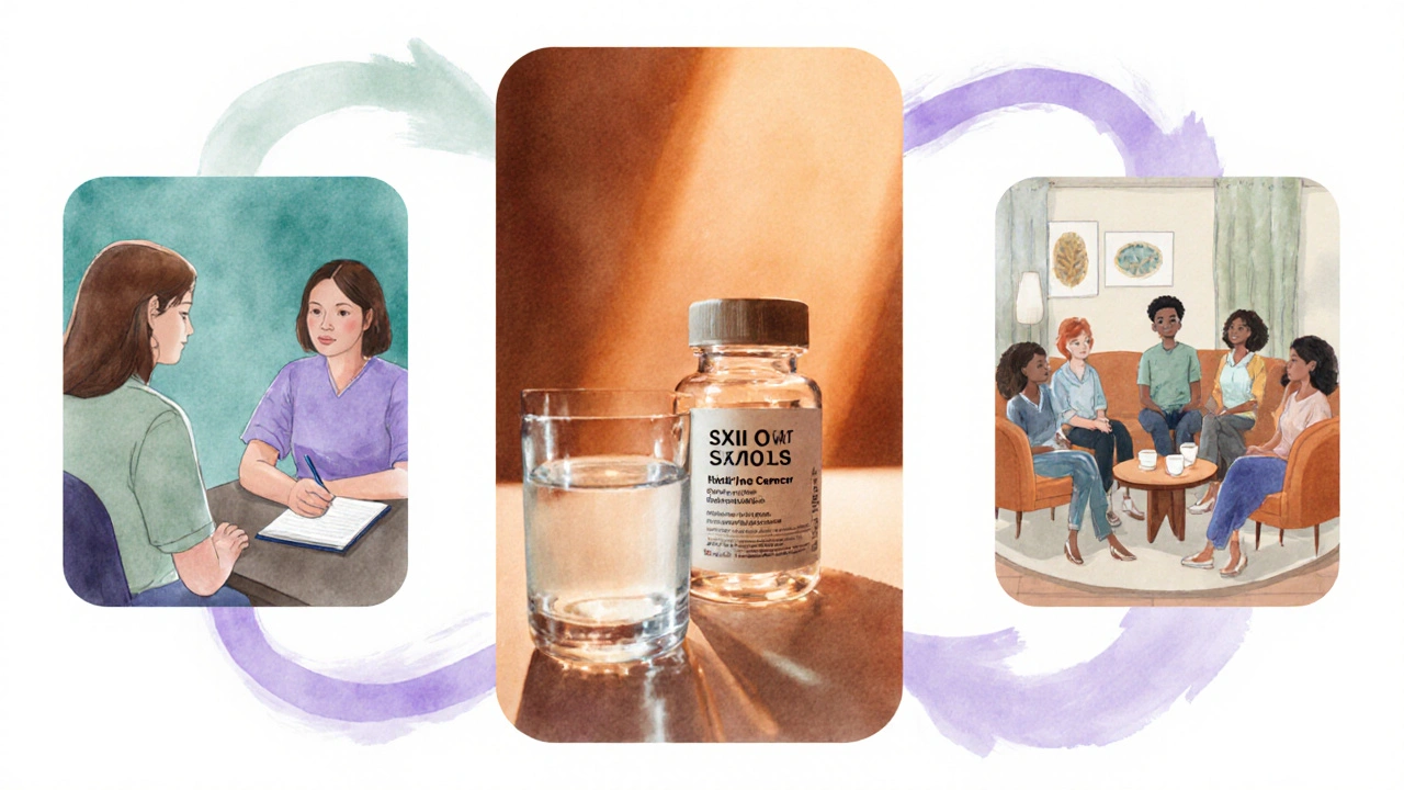 Three watercolor vignettes: therapy session, medication bottle, and support group circle.