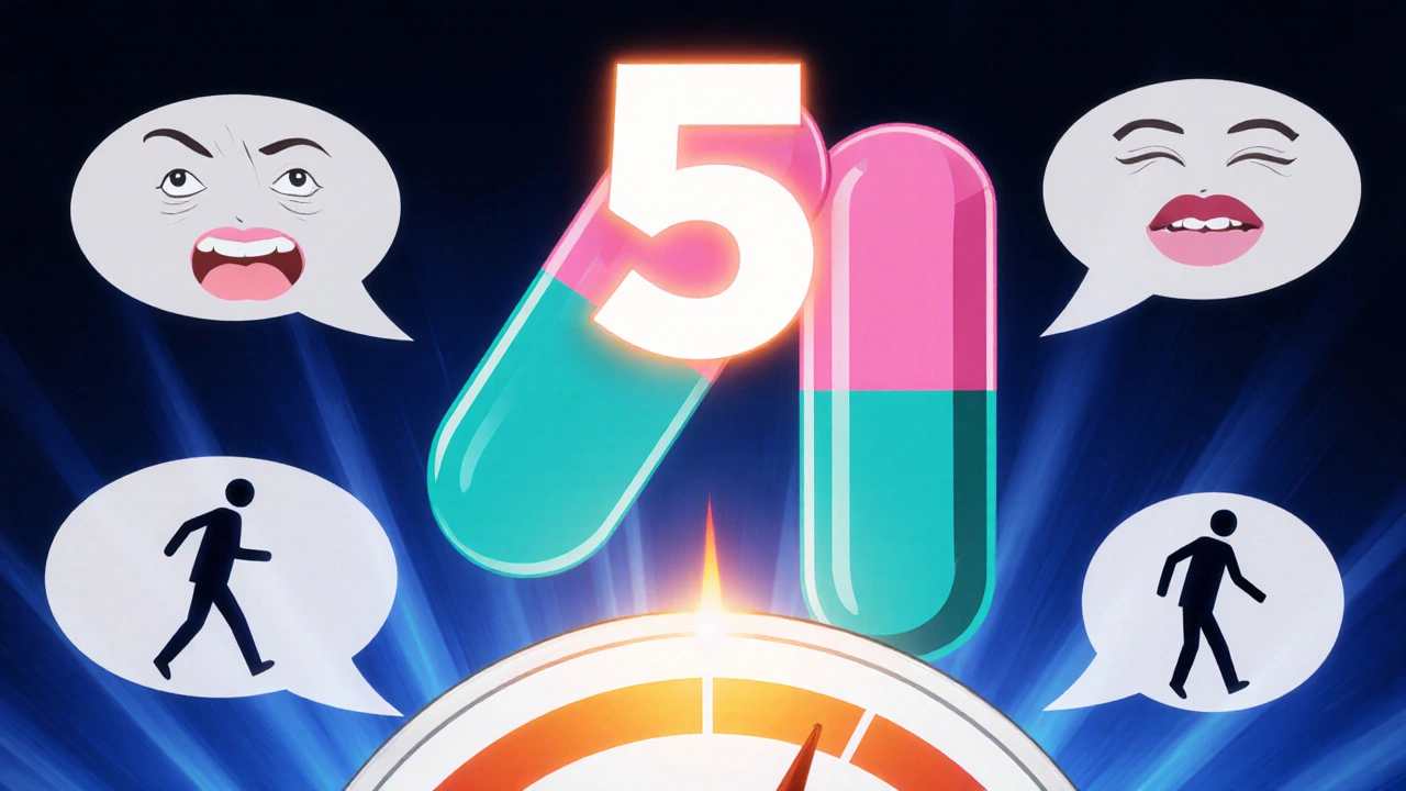 Two anticholinergic pills combine, raising the ACB score to 5 with side‑effect icons.