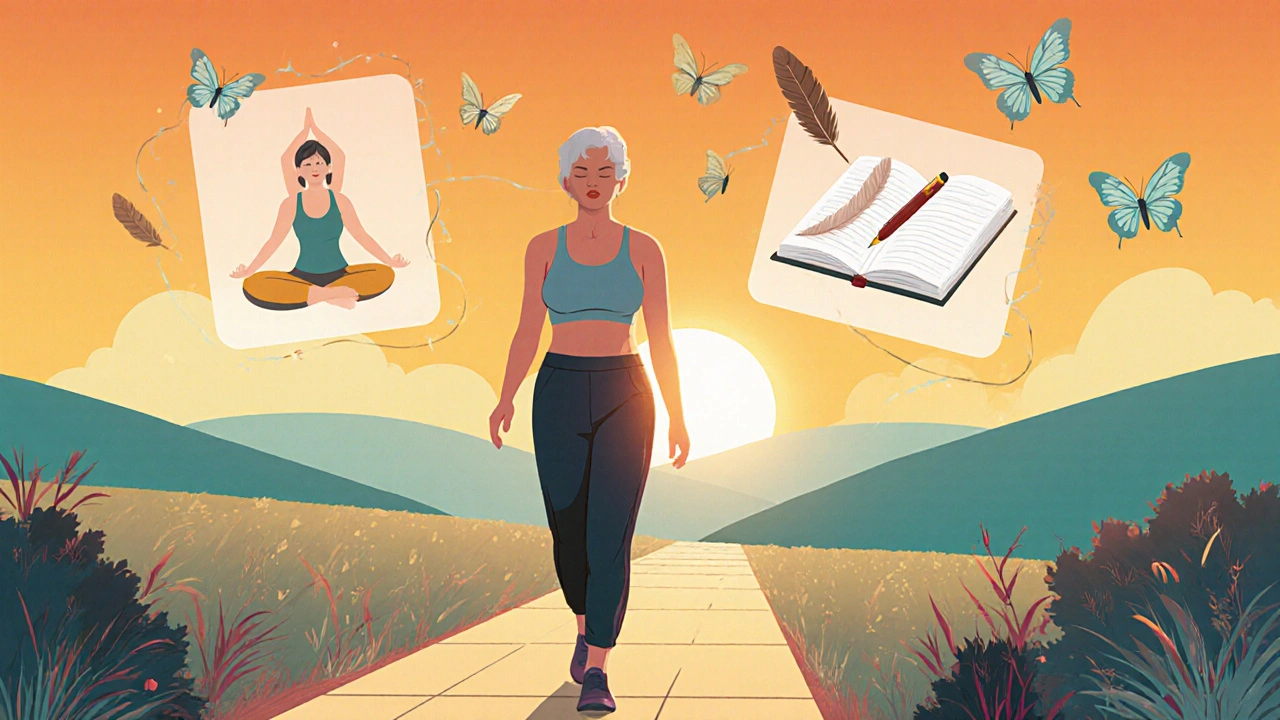 Woman walking in a sunrise garden, with ghosted yoga pose and journal indicating self‑care.