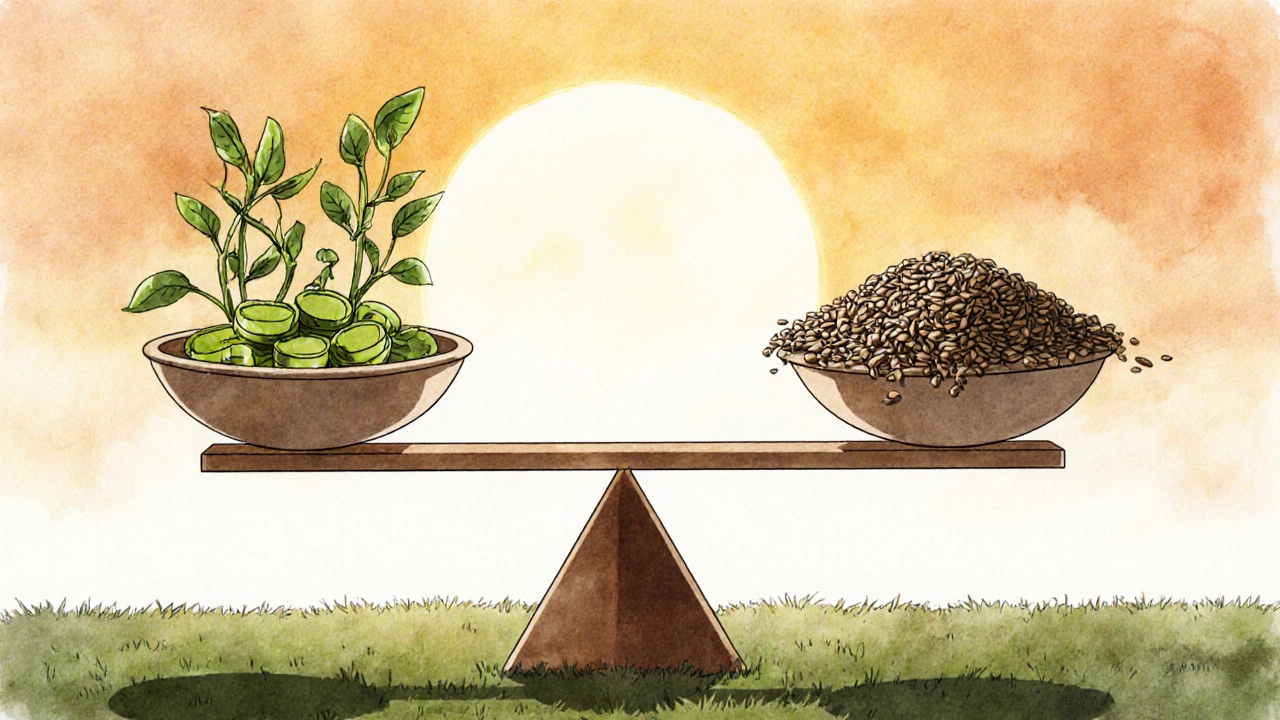 A balanced scale showing sustainable karela vines versus depleted berberine plants and spilled fenugreek seeds.