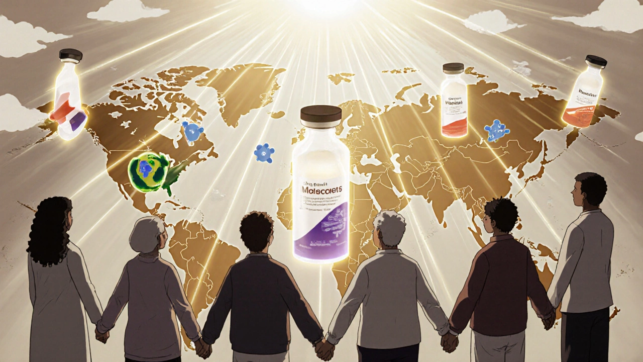 A global map with glowing connections between countries, patients holding hands around a biosimilar vial as sunlight shines down.