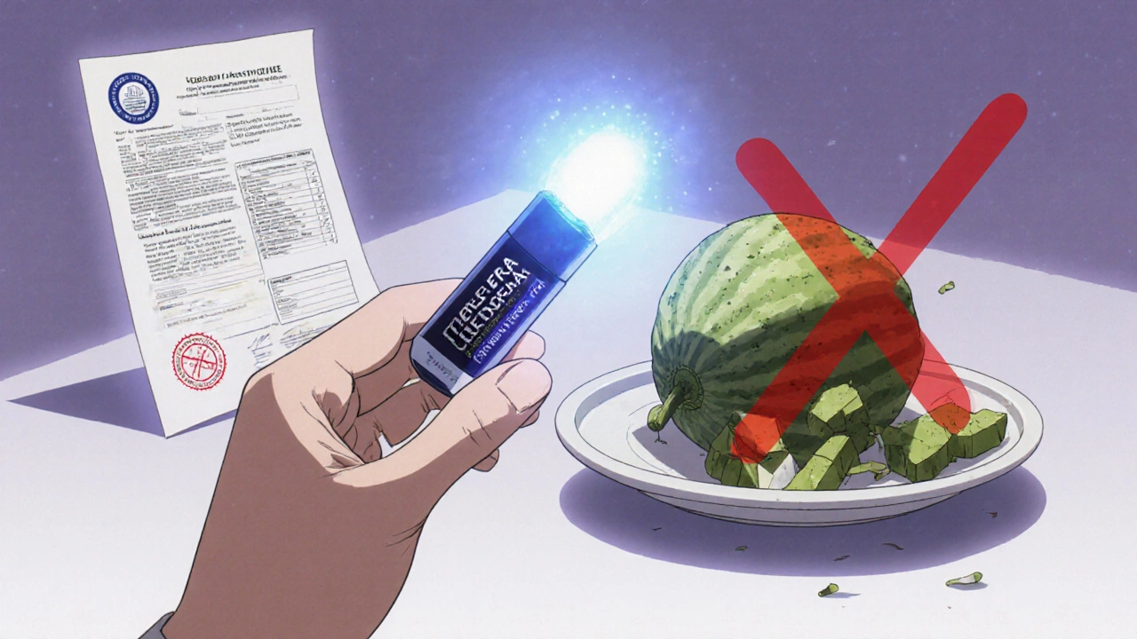 A person holding a karela capsule next to a bitter melon fruit with a red X, symbolizing consistent potency vs. variability.